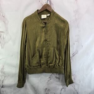 Anthropologie Jacket Womens Small Green Bomber Zip Silky Maeve Olive Leopard